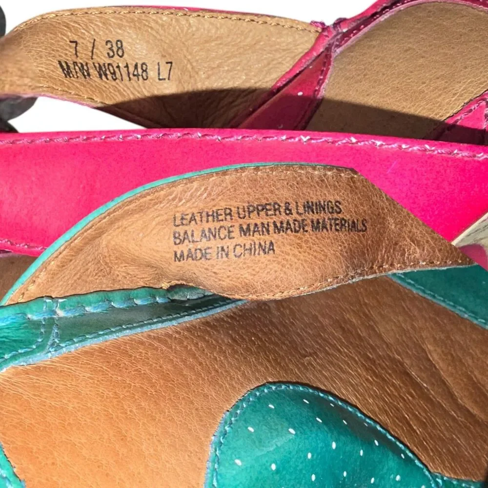 2 Pairs of Born Hot Pink & Teal Turquoise Leather Cork Wedge Sandal Shoes - Picture 4 of 5